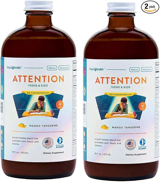 LIQUIDHEALTH Attention, Liquid Multivitamin for Kids & Teens - Improves Memory Retention, Concentration, Focus, Mood, Relaxation & Calming - Made in The USA, Great Taste, Vegan, Sugar-Free (2 Pack)