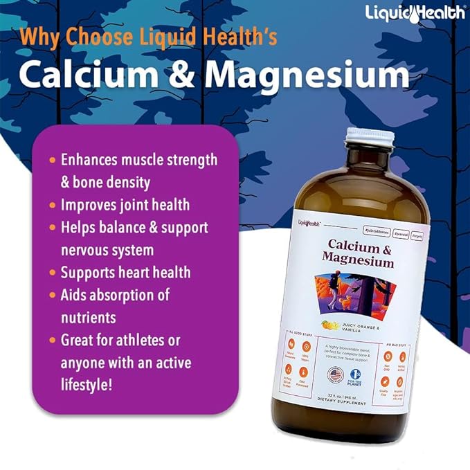 LIQUIDHEALTH Calcium & Magnesium Adult Liquid Vitamin Supplement - Bone, Joint, Muscle, Connective Tissue Support, Heart Health, Essential Nutrients - Made in the USA, Vegan, Non GMO, No Sugar (32 oz)