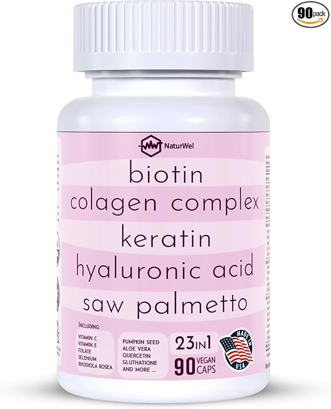 Collagen 1000mg Rhodiola Rosea 2500mg Biotin 10,000mcg, Hyaluronic Acid, DHT Blocker, Vitamin C & E, Folic Acid, Aloe Vera, Quercetin, Green Tea, Keratin, MSM - 90 Count (90 Count (Pack of 1))