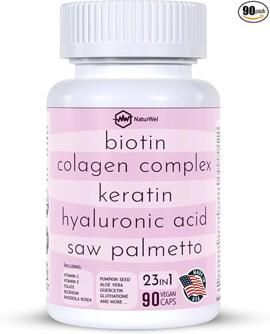 Collagen 1000mg Rhodiola Rosea 2500mg Biotin 10,000mcg, Hyaluronic Acid, DHT Blocker, Vitamin C & E, Folic Acid, Aloe Vera, Quercetin, Green Tea, Keratin, MSM - 90 Count (90 Count (Pack of 1))