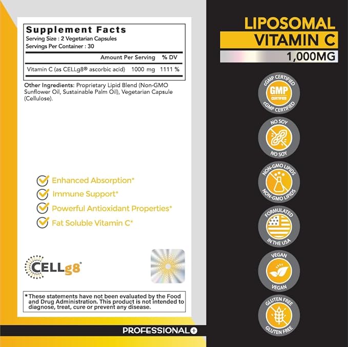 Formulas, Liposomal Vitamin C 1,000mg, High Absorption Ascorbic Acid, Antioxidant Supplement, Supports Immune System & Collagen Booster, Vegan, Gluten Free, 60 Capsules, 30 Serving, Made in USA