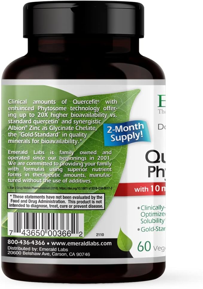EMERALD LABS Quercetin Phytosome Plus - Vegan Antioxidant & Immune Support Supplement - Contains Quercetin & Zinc - 60 Vegetable Capsules (60-Day Supply)
