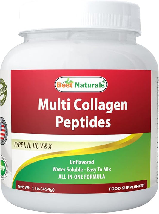 Best Naturals Multiple Collagen Peptides Protein Type I, II III, V & X Collagen unflavored 1 Pound - Grass Fed & Pasture Raised - Water Soluble - Easy to Mix
