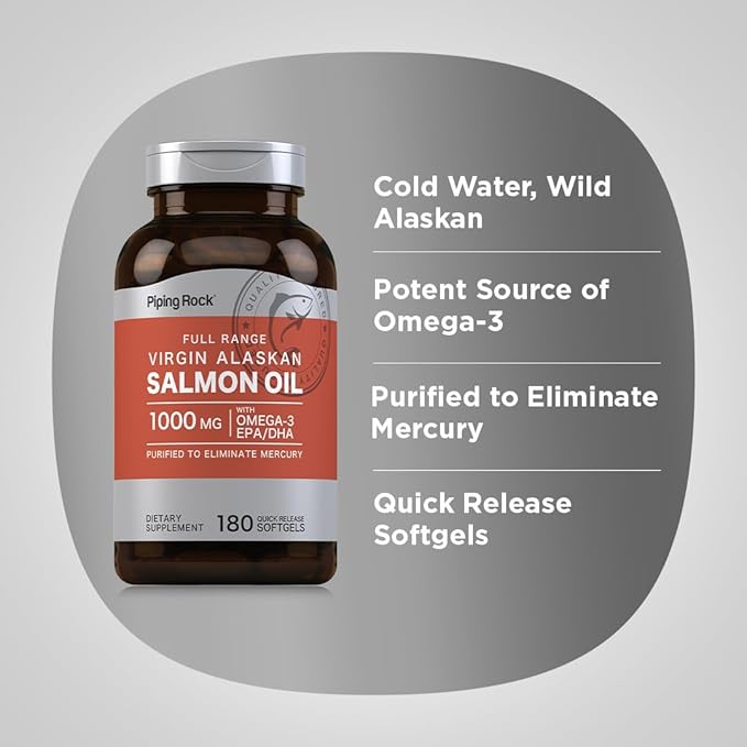 Piping Rock Wild Alaskan Salmon Fish Oil | 1000mg | 180 Softgels | Supplements for Humans | Omega-3, EPA, and DHA | Non-GMO and Gluten Free