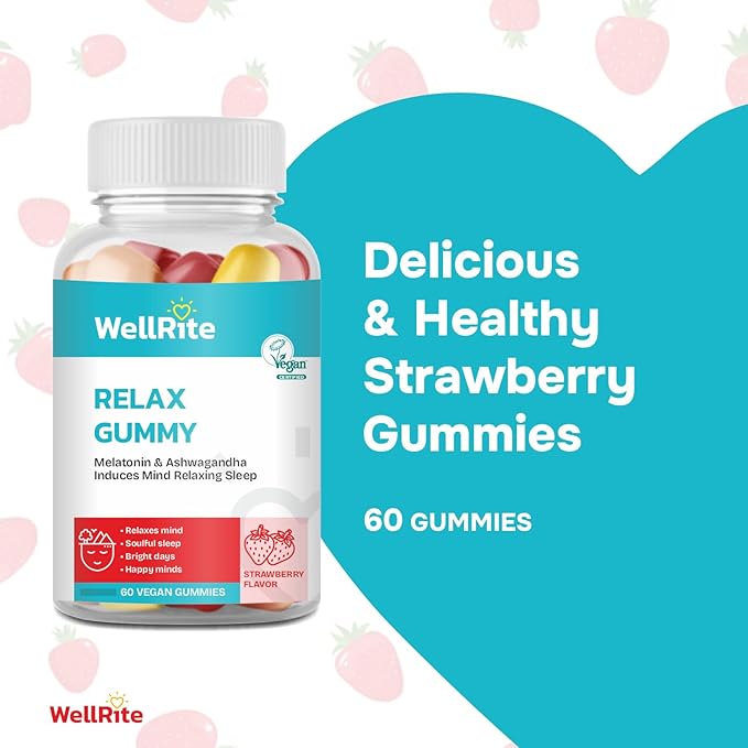 Relax Gummy Vitamins with Ashwagandha & Melatonin, 60 Count, Strawberry Flavored, Vegan, Gelatin Free, Gluten Free, Nut Free, Relaxes Mind, Soulful Sleep