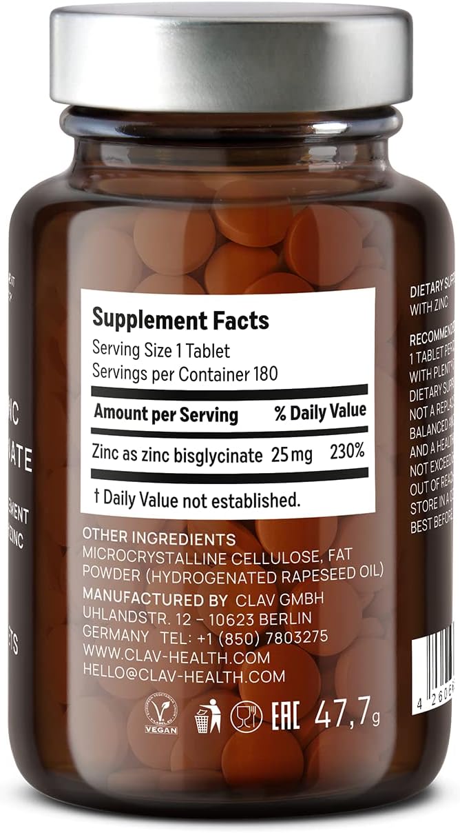 CLAV® Zinc Bisglycinate 25mg - 180 Tablets (6 Months Supply) - Natural Chelated Zinc Supplement - Vegan Zinc Glycinate for Immune & Skin Support