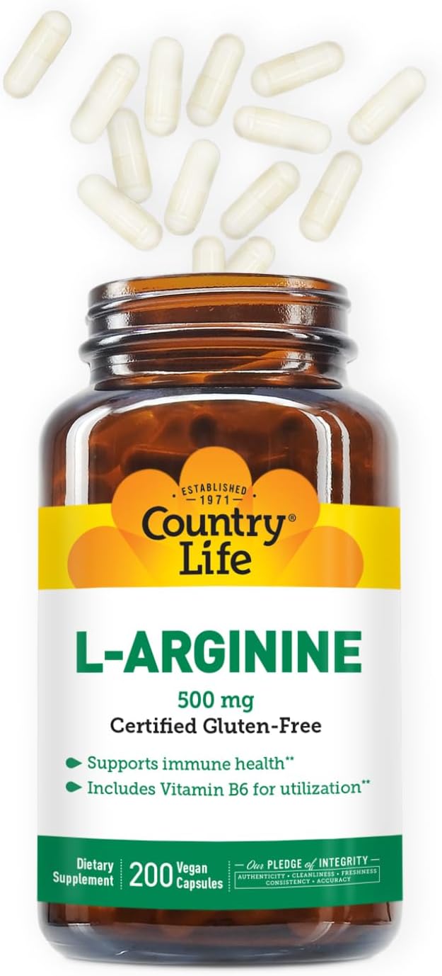 Country Life L-Arginine Caps with Vitamin B-6, 500mg, 200 Vegan Capsules, Certified Gluten Free, Certified Vegan
