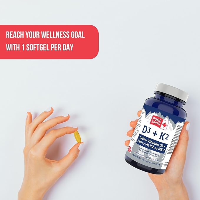 D3 + K2 Vitamin Supplement 180 Softgels - 6 Months Support, D3 1000IU + K2 MK7 120mcg with Organic Coconut Oil for Optimal Absorption - 3rd Party Tested & Proudly Canadian