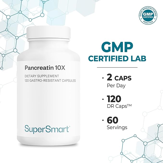 Supersmart - Pancreatin 10X (Extra Strength) - Pancreatin Digestive Enzymes Supplement - Protease, Lipase, Amylase with Trypsin | Non-GMO & Gluten Free - 120 DR Capsules