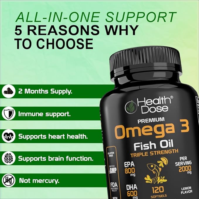 Omega 3 Fish Oil – Lemon-Flavored Softgels with EPA & DHA for Brain, Heart, and Wellness Support – Easy-to-Digest, No Fish Burps – 120 Softgels, Pack of 5