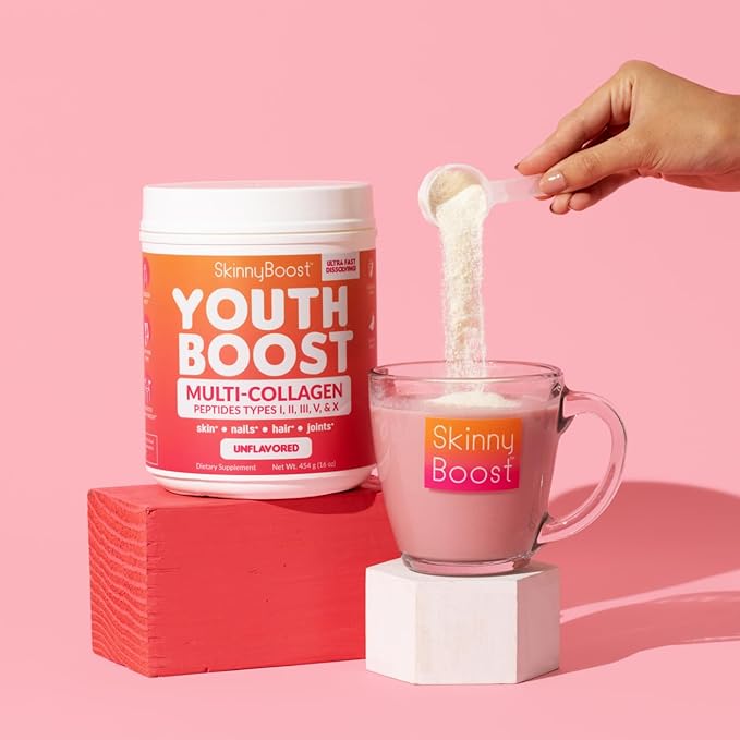 SkinnyBoost Youth Boost Advanced Multi-Collagen Peptides Powder - 5 Types of Hydrolyzed Collagen for Hair, Skin, Nails & Joints - Fast Dissolving, Grass Fed, Keto Friendly - Unflavored - 58 Servings