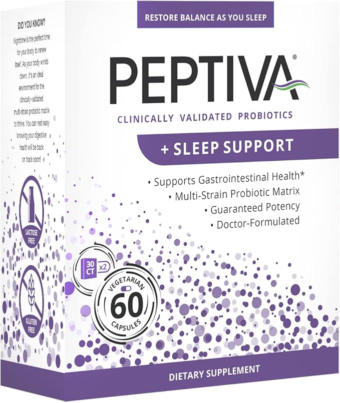 Peptiva 26 Billion CFU Probiotic and Sleep Support - Clinically Validated Multi-Strain Probiotic - Lactobacillus and Bifidobacterium, Melatonin - 60 Count