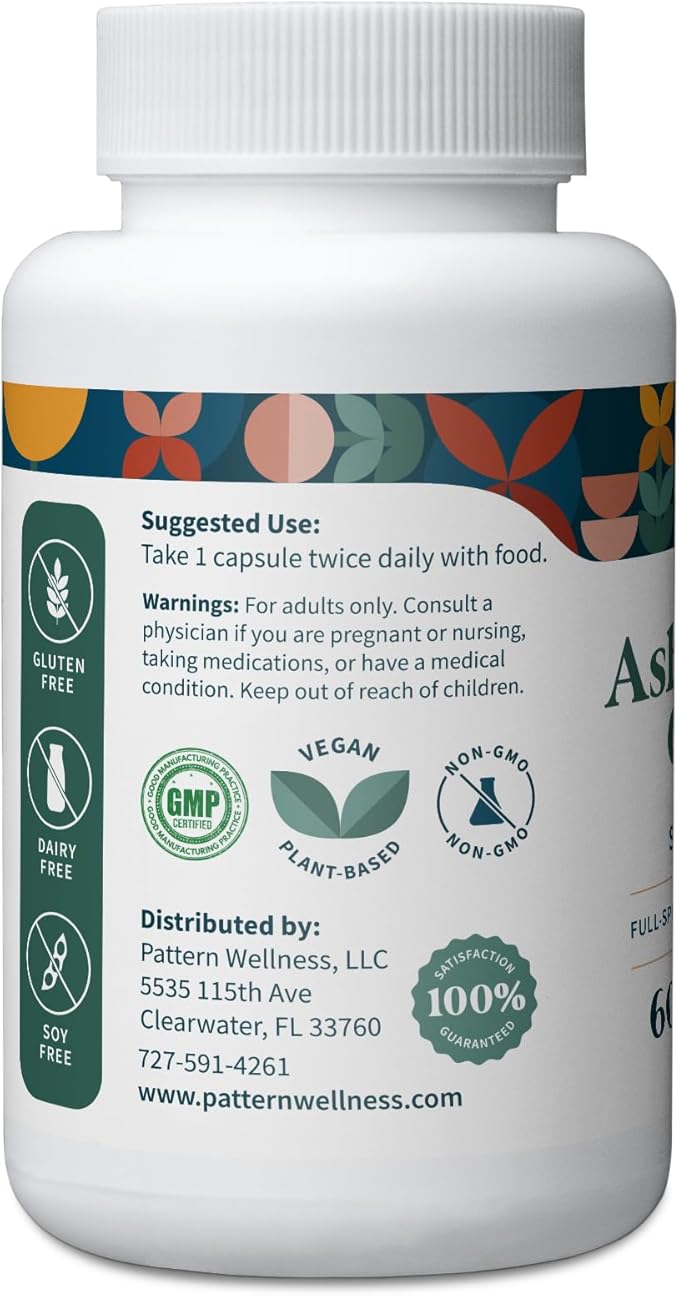 Pattern Wellness Ashwagandha Complex for Men & Women - KSM-66 & Black Pepper Extract - Whole Body & Heart Health - Supports Stress & Mood - Non-GMO - 60 Vegan Capsules