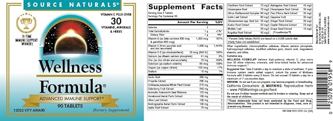 Source Naturals Wellness Formula Bio-Aligned Vitamins & Herbal Defense - Immune System Support Supplement & Immunity Booster* - 90 Count