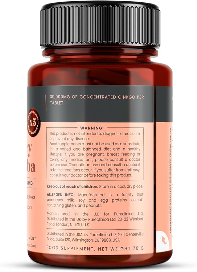 pureclinica High Potency Ginkgo Biloba 30,000mg x 540 Tablets (6 Bottles of 90) - 18 Months Supply - 5 Times The Strength of Competitor Products