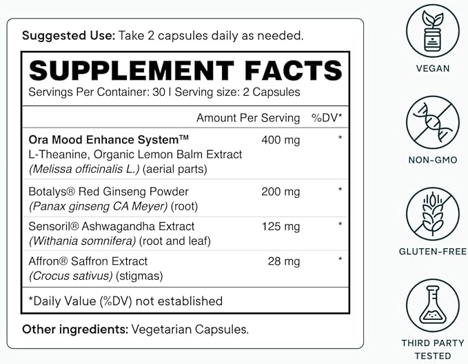 Ora Organic - Stress Relief Supplement - Supports Mood & Mental Focus - Feel Calm & Relaxed - Sensoril Ashwagandha, Saffron, Ginseng, L-Theanine, Lemon Balm - 60 Capsules