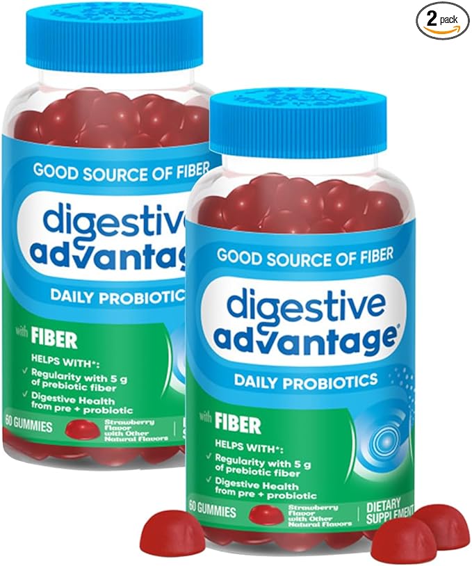 Digestive Advantage Prebiotic Fiber Supplement Strawberry Flavor Gummies with Probiotics for Women & Men Digestive Health, Adults Regularity and Gut Health, 60 Count (2 Pack)