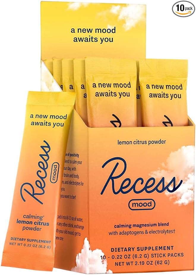 Recess Mood Powder, Calming Magnesium L-Threonate Blend with Passion Flower, L-Theanine, Electrolytes, Magnesium Calm Support Powder Supplement