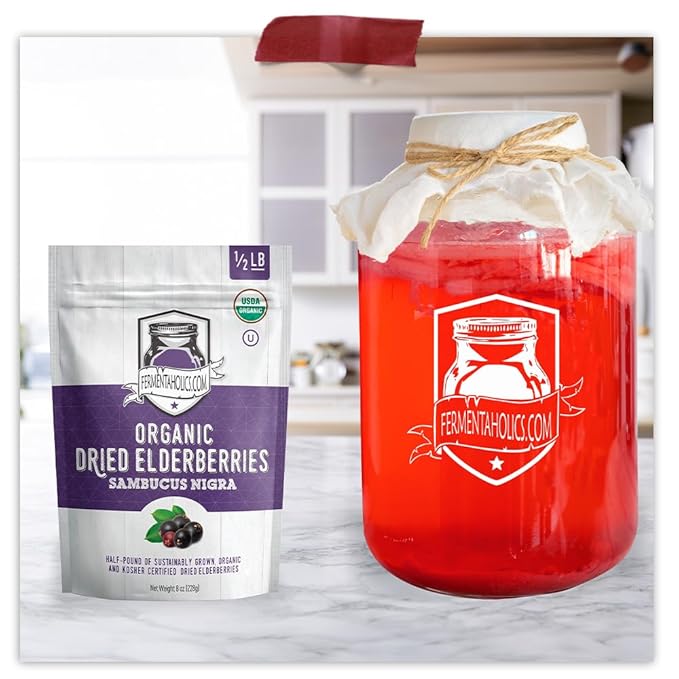 FERMENTAHOLICS | USDA Organic Dried Elderberries - 8 oz | All Natural Free Of Chemicals | For Syrup, Gummies, Kombucha, Tea, and Wine | Sambucus Nigra | Elderberry Syrup Instructions Included