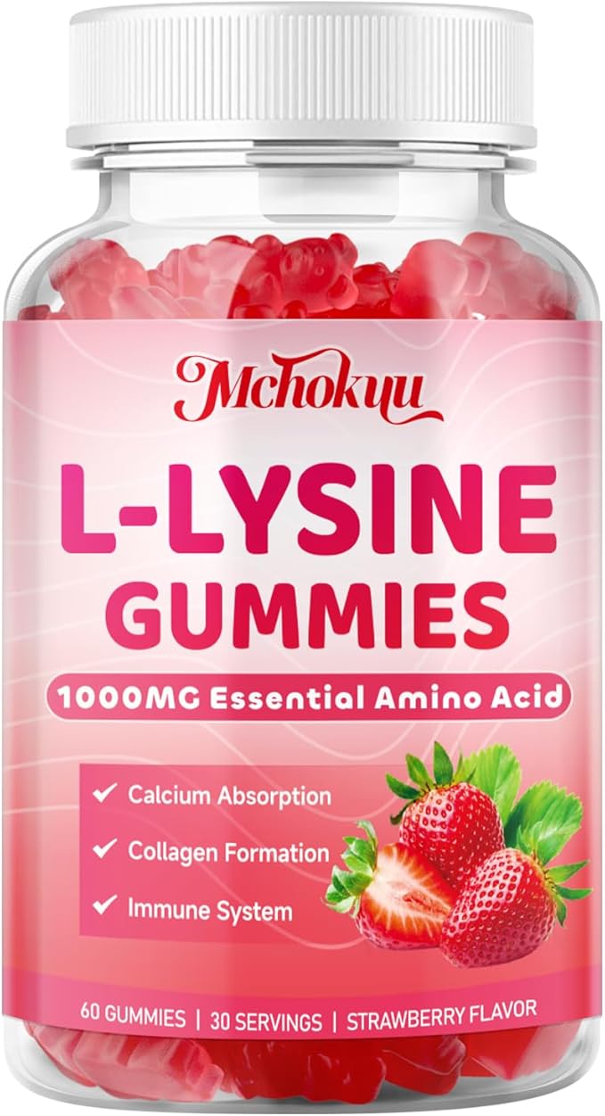L-Lysine 1000mg Gummies, Chewable Lysine Supplement for Adults & Kids Immune Support, Essential Amino Acid, Vegetarian, Non-GMO, Sugar-Free, Gluten Free, Strawberry Flavor, 60 Counts