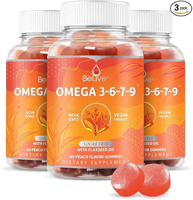 BeLive Organic Omega 3 Gummies - Omega 3 6 9 7 DHA & EPA from Flaxseed Oil & Sea Buckthorn Fruit Oil, Vegan, for Kids & Adults, Full Body, Brain & Eye Support, Sugar Free – Peach | 3-Pack