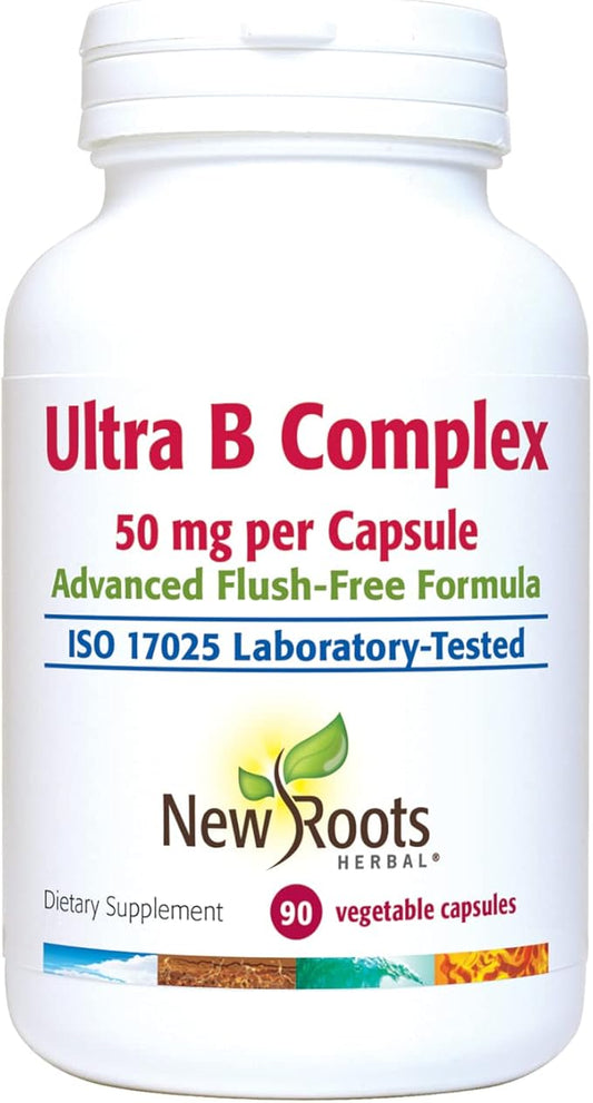 New Roots | Ultra Vitamin B Supplement (50mg) Contains Vitamin B6, B12, Biotin, Advanced Flush Free Formula (90 Veg Caps)