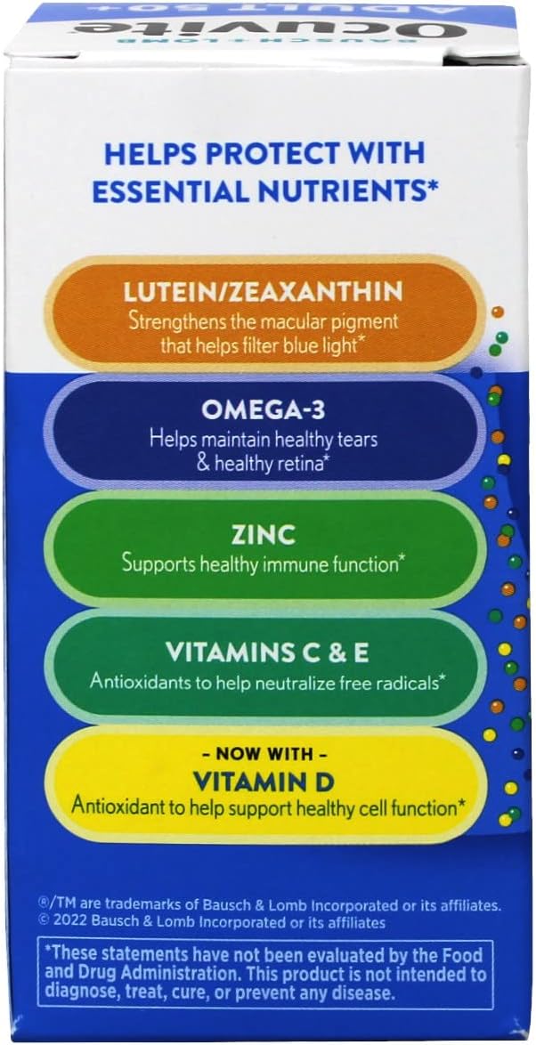 Ocuvite 50+ Eye Vitamin & Mineral Supplement, Multivitamin for Vision & Ocular Health with Omega-3, Zinc, Vitamins C & E, Lutein & Zeaxanthin, Zinc Supplements for Women and Men, 50 Softgels