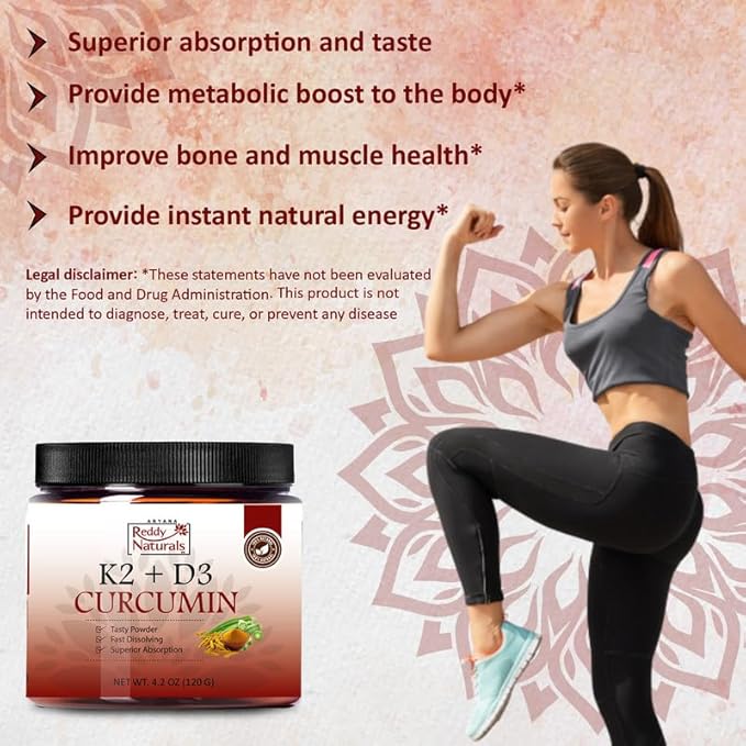Reddy Naturals Turmeric Curcumin with K2 D3 and Black Pepper - Natural Supplement for Joint, Bone & Immune Health - Water-Soluble Powder with Honey - 4.2 oz (120g)