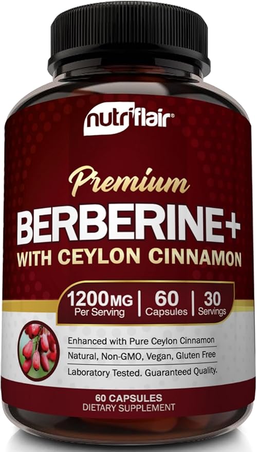 NutriFlair Premium Berberine HCL 1200mg, 60 Capsules - Plus Pure True Ceylon Cinnamon, Berberine HCI Root Supplements Pills - Immune System - yields an Optimal 8% Berberine