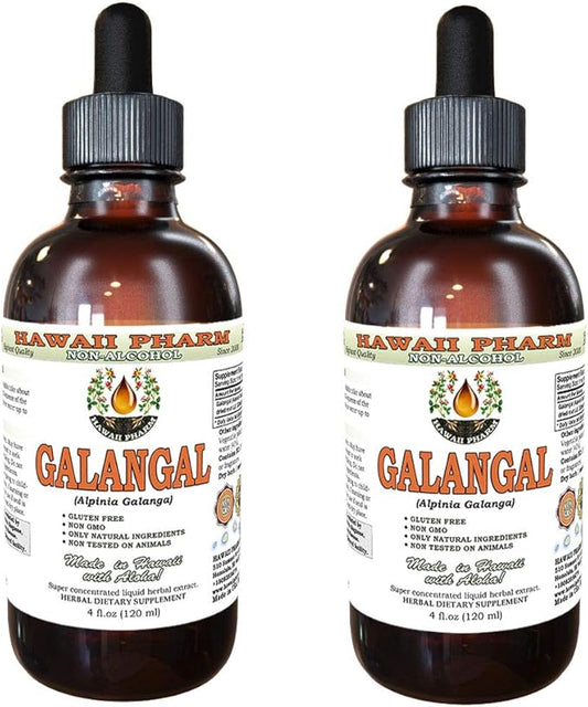 Galangal Root Alcohol-Free Liquid Extract, Organic Organic Galangal (Alpinia Galangal) Dried Root Glycerite Hawaii Pharm Natural Herbal Supplement 2x4 oz