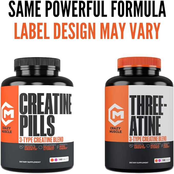 Crazy Muscle Creatine Monohydrate Pills, Premium 3 Type 5g Creatine Pills, Pre and PostWorkout & Keto Energy Builder, Easy to Take Three-Atine Pills for Optimum Performance Men Women, 180 Tablets