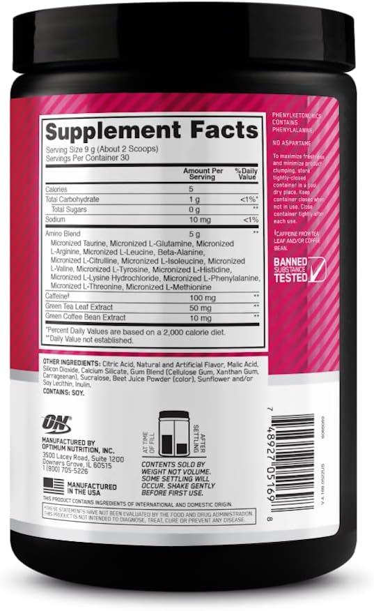 Optimum Nutrition Amino Energy - Pre Workout with Green Tea, BCAA, Amino Acids, Keto Friendly, Green Coffee Extract, Energy Powder - Strawberry Lime, 30 Servings (Packaging May Vary)