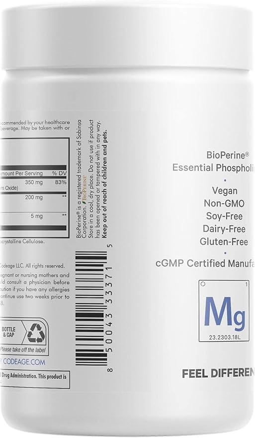 Codeage Liposomal Magnesium Glycinate Supplement - Magnesium Bisglycinate Pills - BioPerine Black Pepper - Liposomal Delivery - Non-GMO, Gluten-Free Mineral - 120 Capsules