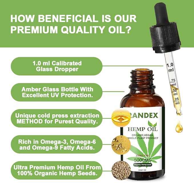 (2 Pack) 5000mg Organic Cold-Pressed Hemp Oil - Rich in Omega 3-6-9 - Natural Hemp Drops - Made in USA