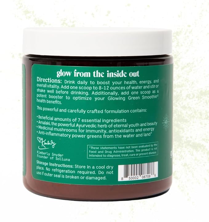 Solluna by Kimberly Snyder Glowing Greens Powder — Spirulina, Cordyceps, Chlorella, Moringa, Ashitaba, Amalaki, Monk Fruit — Superfood Supplement for Energy & Mood (30 Servings) Vegan & Non-GMO