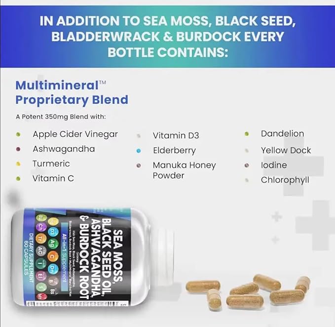 Sea Moss, Black Seed Oil, Ashwagandha, Burdock Root Supplement, 60 Capsules