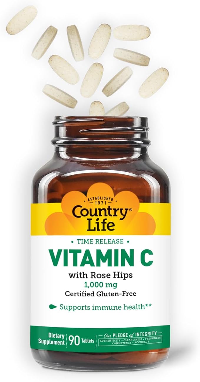 Country Life Vitamin C 1000mg with Rose HIPS – Time Release Immune Support Supplement – Antioxidant Protection – Vegan, Gluten-Free, Preservative-Free – 90 Tablets