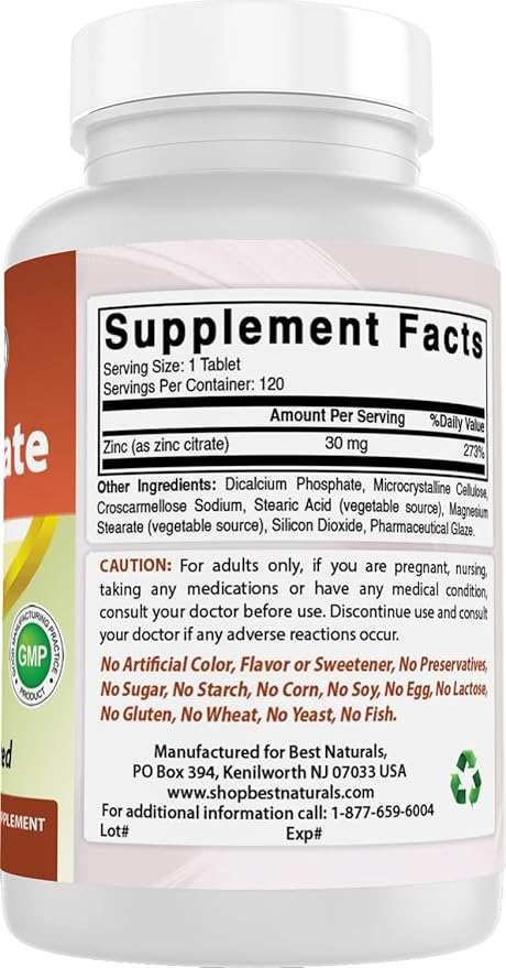 Best Naturals Zinc 30mg Supplements (as Zinc Citrate) - zinc Vitamins for Adults Immune Support - 120 Tablets (120 Count (Pack of 1))