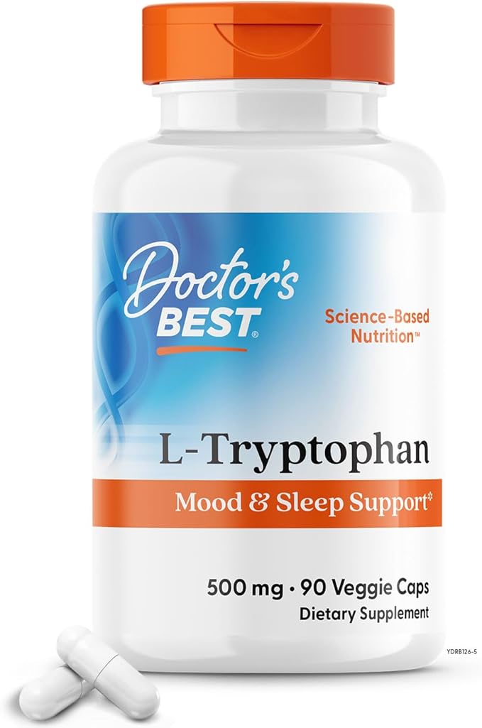 Doctor's Best L-Tryptophan , Helps Sleep, Healthy Mood & Behavior, Non-GMO, Vegan, Gluten & Soy Free, Veggie Caps, Promotes Normal, Healthy Restful Sleep, 90 Count