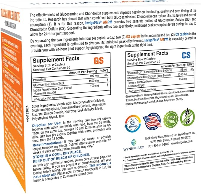 INVIGOFLEX® AMPM - Glucosamine & Chondroitin Sulfate - Turmeric Curcumin - Boswellia Serrata (Non GMO) for Knees, Hands, Back and Hip 24 - Hour Premium Joint Supplement