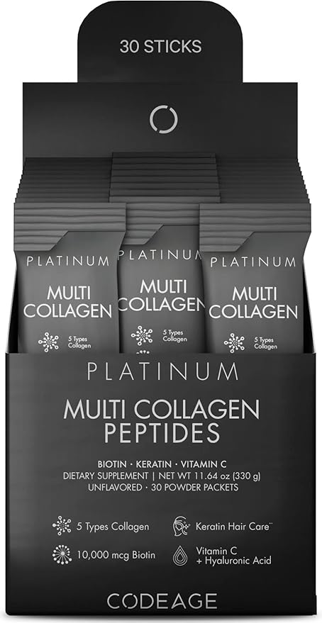 Codeage Multi Collagen and Biotin 10,000 mcg + Vitamin C, B6 & D3, Keratin, Hyaluronic Acid, Niacin, 18 Amino Acids - Stick Packs Supplement - 5 Types Collagen Protein – 30 Powder Packets