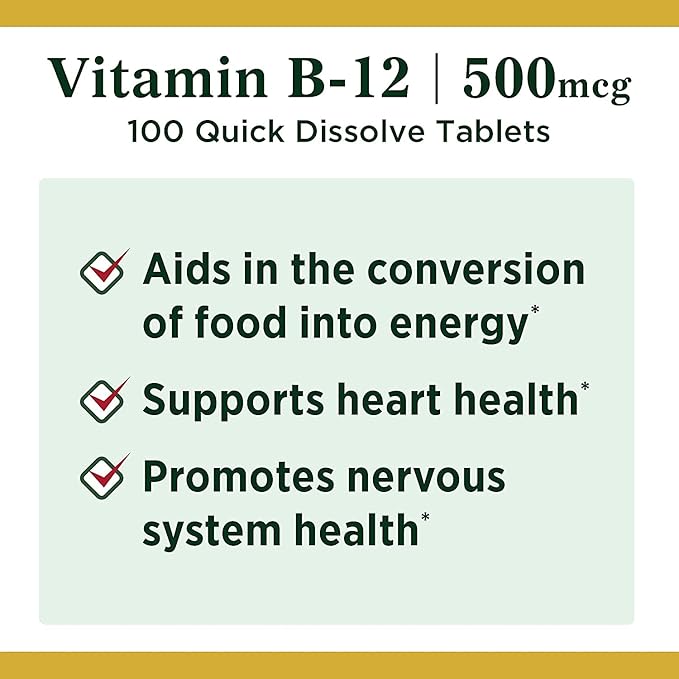 Nature's Bounty Vitamin B12, Supports Energy Metabolism and Nervous System Health, 500mcg, Tablets, 100 Ct (Pack of 2)