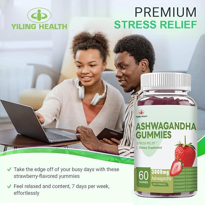 YiLing Ashwagandha Gummies for Women & Men, 3000 Mg of High-Potency Ashwagandha Root Extract Boosts Energy, Improves Sleep, Relieves Stress and Calms Mood, 60 Count Strawberry Flavor Ashwagandha
