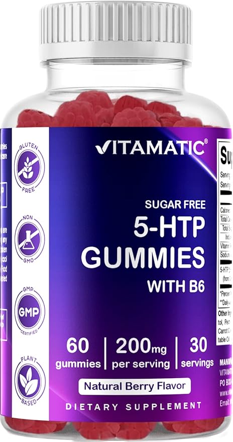 Vitamatic Sugar Free 5-HTP 200mg Gummies with B6 – 60 Pectin-Based Gummies – Mood Support & Stress Relief