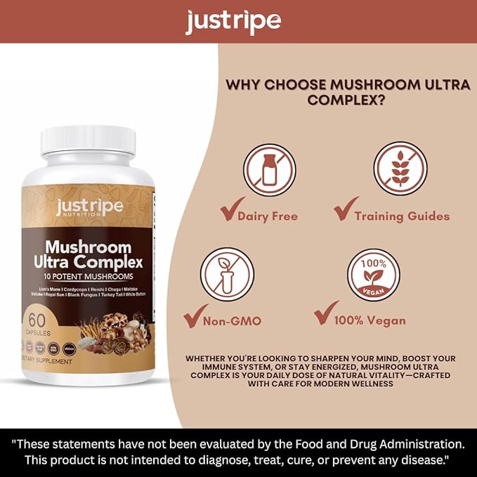 Mushroom Ultra Complex - Reishi, Cordyceps, Lions Mane & Shiitake - Immune System Booster & Nootropic Brain Supplement - Enhance Memory and Focus - Stress Relief - 60 Capsules