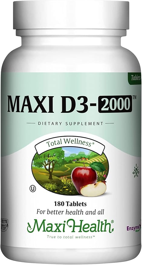 Maxi Health Vitamin D3 2000 IU - for Healthy Muscle Function, Bone Health and Immune Support – 180 Tablets – Best Kosher Supplement for Adults