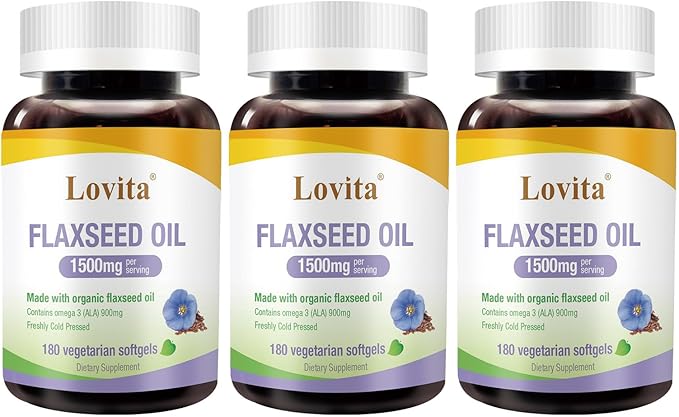Lovita Vegan Omega-3 Cold-Pressed Flaxseed Oil: 1500mg, 900mg ALA, 180 Softgels (Pack of 3)