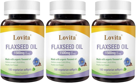 Lovita Vegan Omega-3 Cold-Pressed Flaxseed Oil: 1500mg, 900mg ALA, 180 Softgels (Pack of 3)
