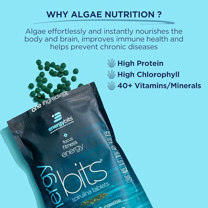 ENERGYBITS - Organic Spirulina Tablets - Plant-Based Algae Superfood - for Focus, Fitness, Energy - Plant Protein - Gluten Free - Collagen, Vitamin B12, Omega 3 - Keto & Vegan - 1000 Algae Tablets