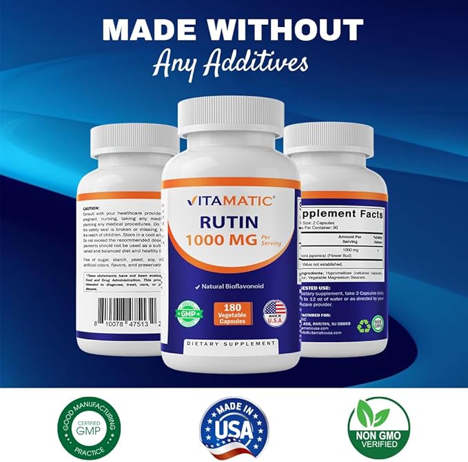 Vitamatic Rutin 1000mg Supplement, 90 Servings, Bioflavonoid, Free Radical Scavenger, Non-GMO, Gluten Free, Vegetarian